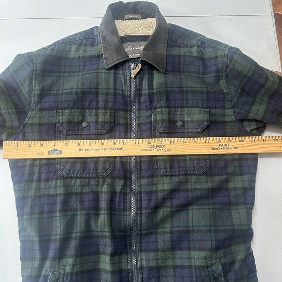 Eddie Bauer Work Jacket Coat  Shacket Green Blue Plaid Sherpa Size Tall Medium - Picture 8 of 14